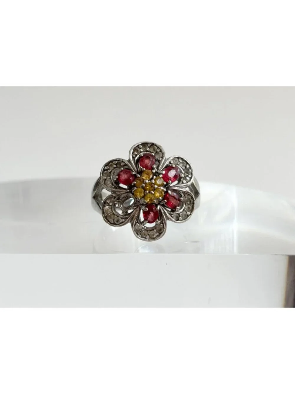 Garnet & Citrine Gemstone Floral Sterling Silver 925 Vintage Ring - sz 9.25